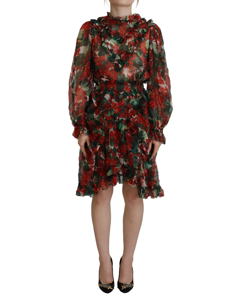 Dolce & Gabbana Women Multicolor Geranium A-Line Knee Length Dress Silk Multicolor