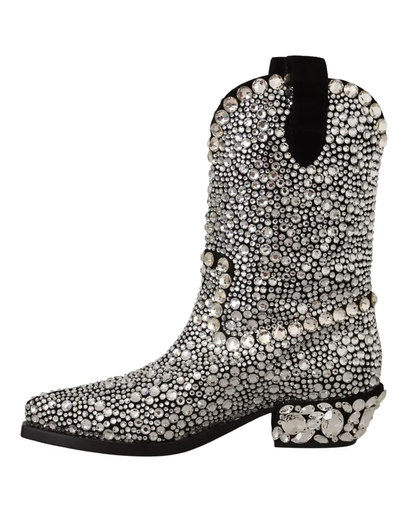 Dolce & Gabbana Women's Black Suede Strass Crystal Cowgirl Boots Leather Black