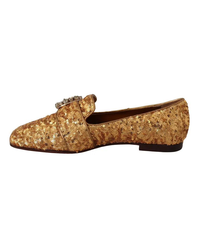 Dolce & Gabbana Gold Sequin Crystal Flat Women Loafers Shoes Mordore And Paillette Gold