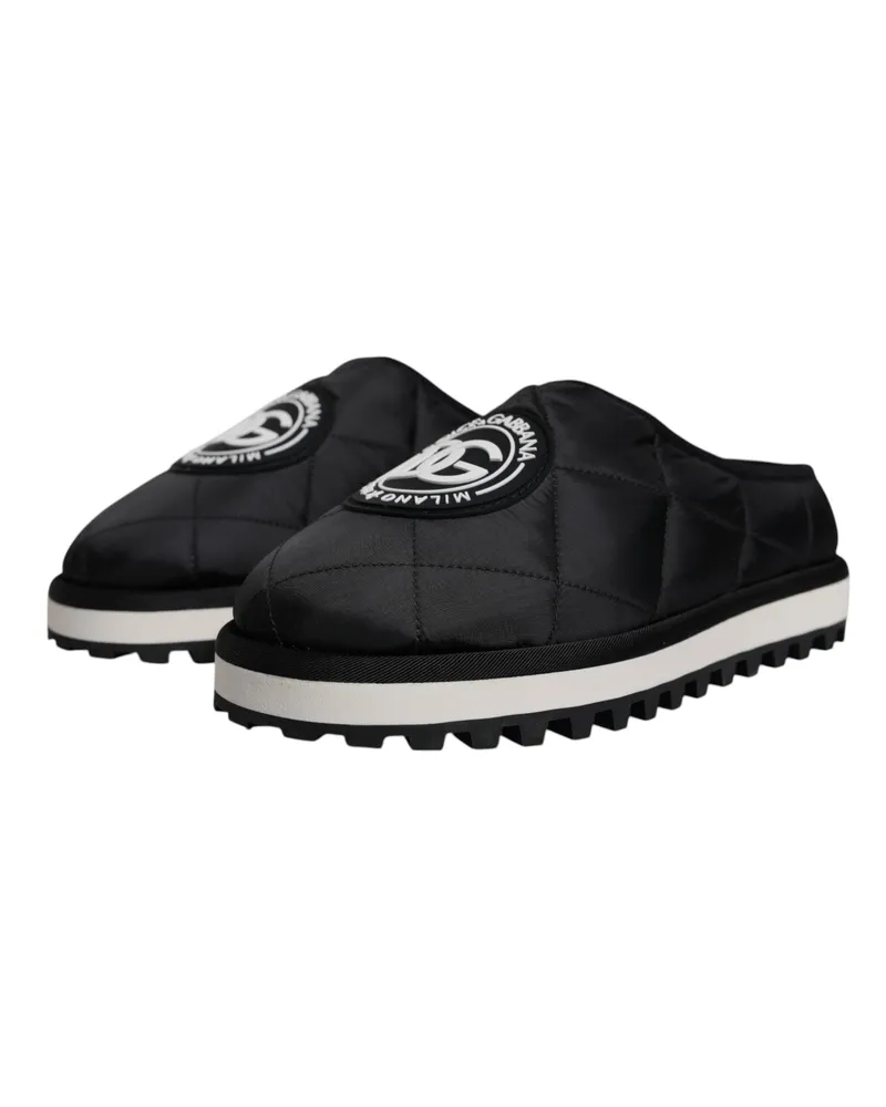 Dolce & Gabbana Men's Black Nylon Quilted Logo Patch Sandals Slides Shoes Black