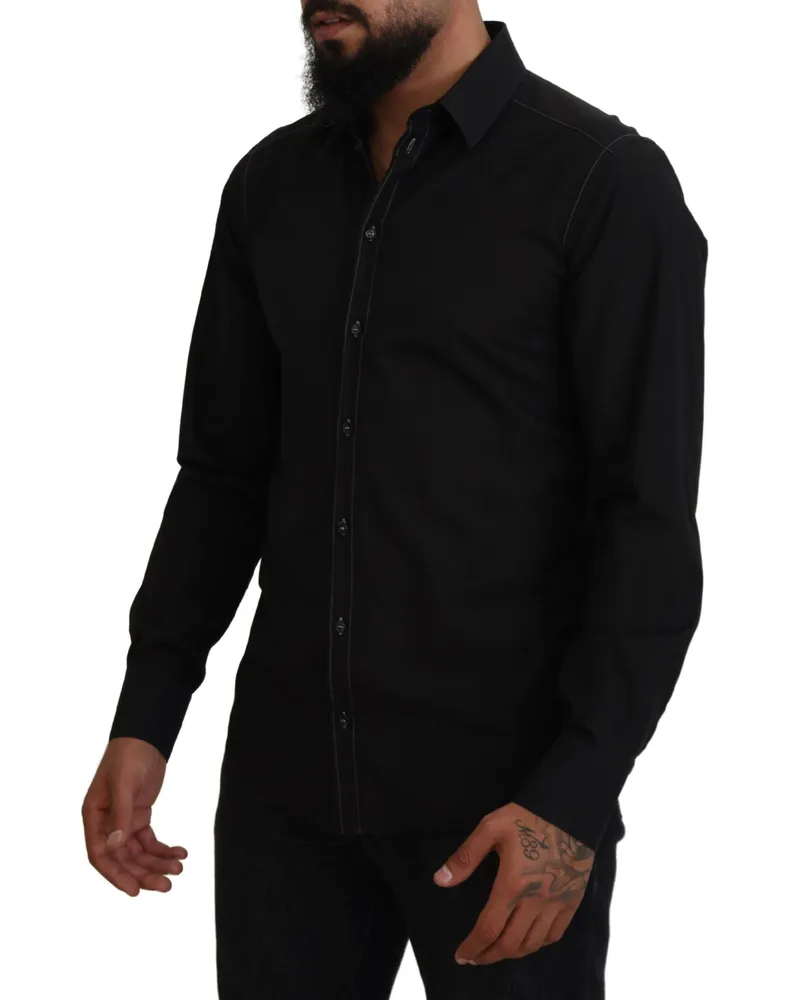 Dolce & Gabbana Men's Black Cotton Collared Long Sleeve Gold Shirt Black