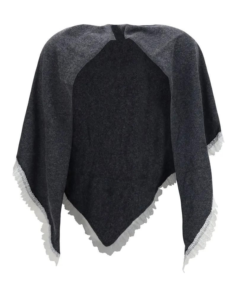 Ganni Lace-Trimmed Merino Wool Shawl — Gray Gray