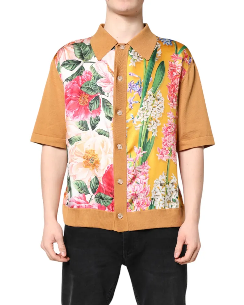 Dolce & Gabbana Men's Brown Floral Collared Short Sleeve T-Shirt Silk Cotton Brown