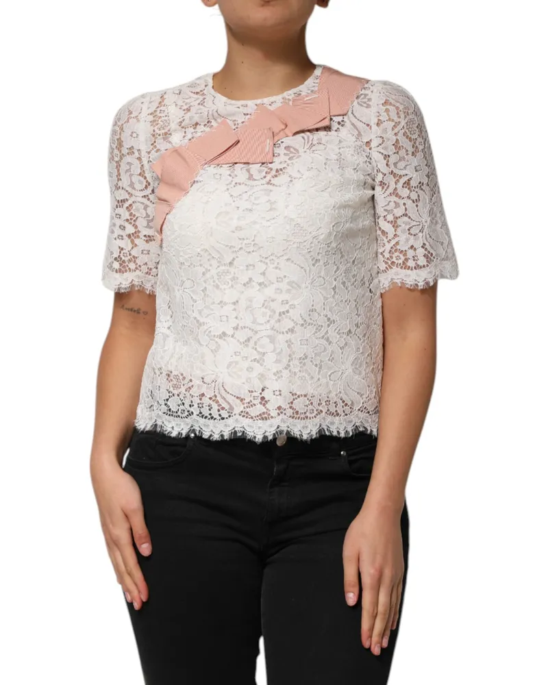 Dolce & Gabbana Women's White Floral Lace Short Sleeves Blouse Top Nylon Cotton Viscose Acetate White