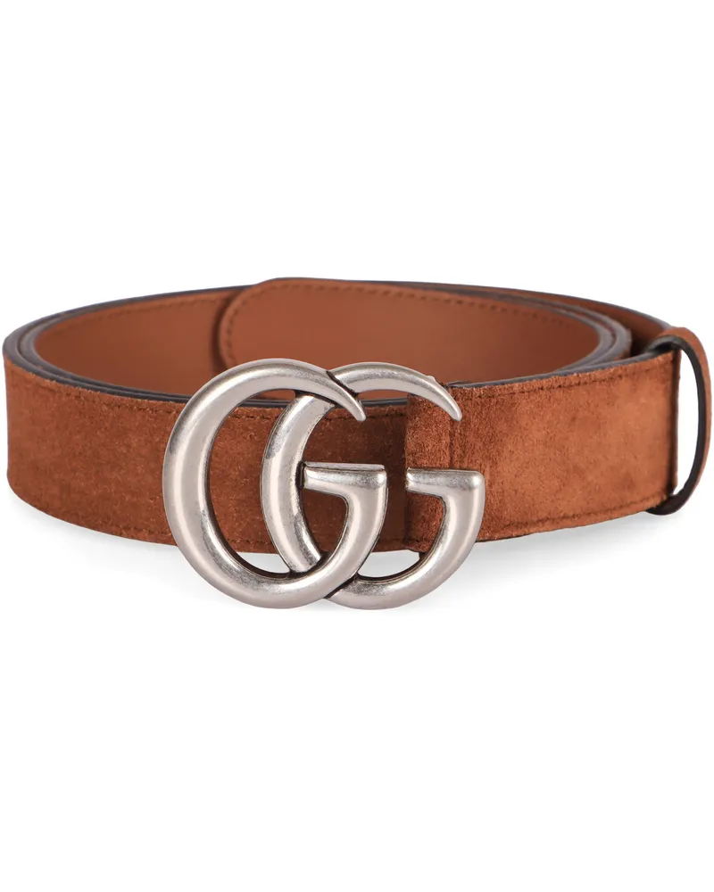 Gucci Men's Belt Gg Marmont Suede Hazelnut Calfskin Brown