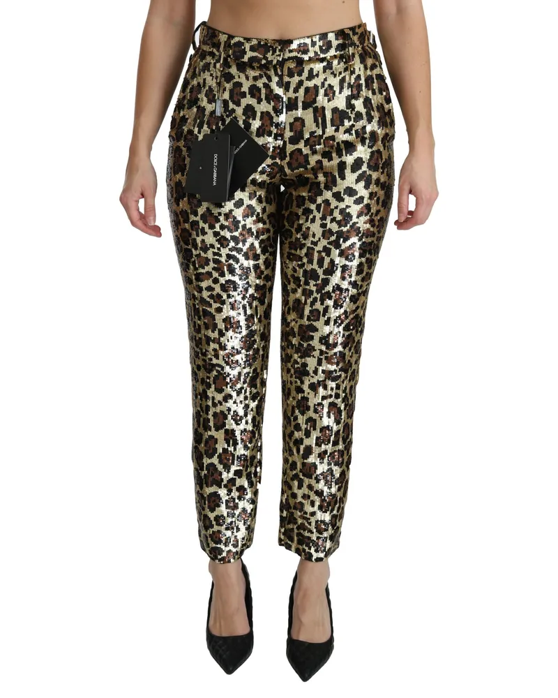 Dolce & Gabbana Women's Brown Leopard Sequined High Waist Pants Gold Pvc Silk Polyester Elastane Gold