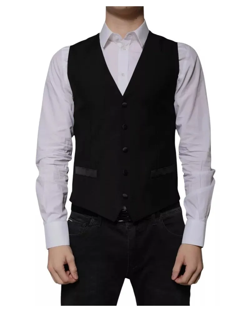 Dolce & Gabbana Black Wool Formal Dress Men Waistcoat Vest Virgin Silk Polyester Black