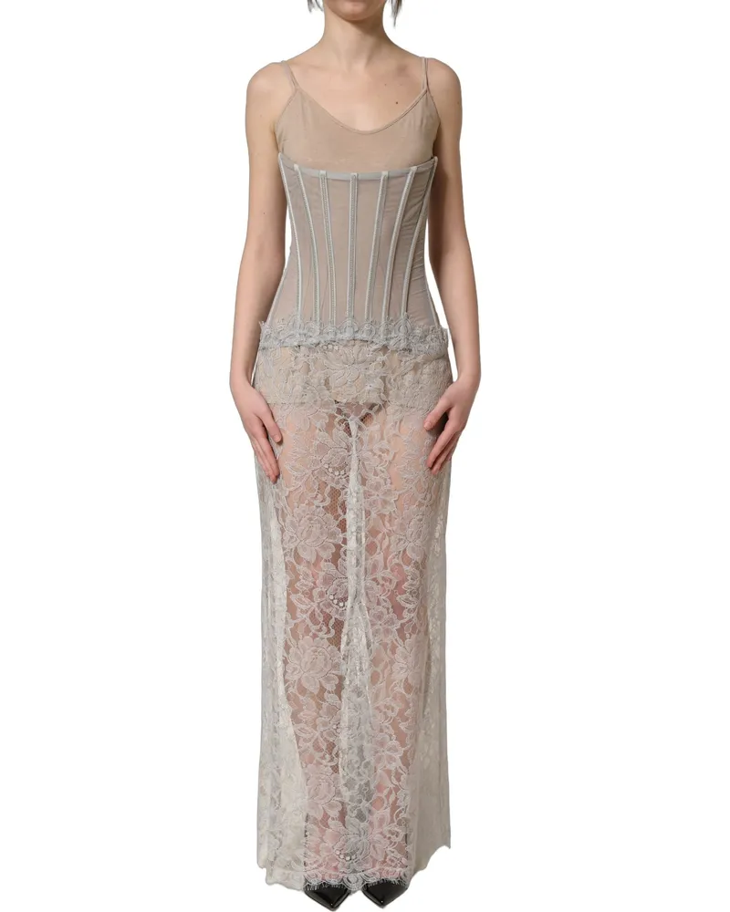 Dolce & Gabbana Women Gray Lace Corset Style Bodice Maxi Dress Gray