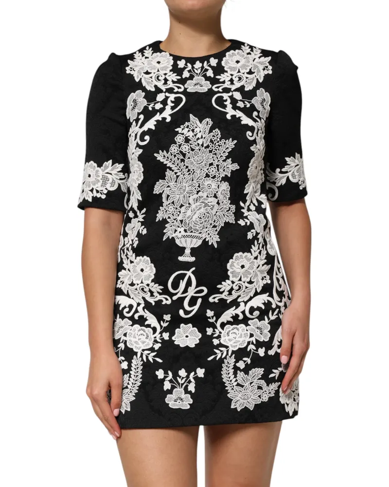 Dolce & Gabbana Women's Black Lace Trim Short Sleeves A-Line Dress Black