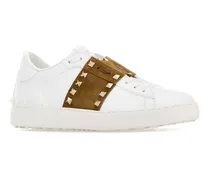 Women's White Leather Rockstud Untitled Sneakers With Camel Band Biancohavanabeigebianco