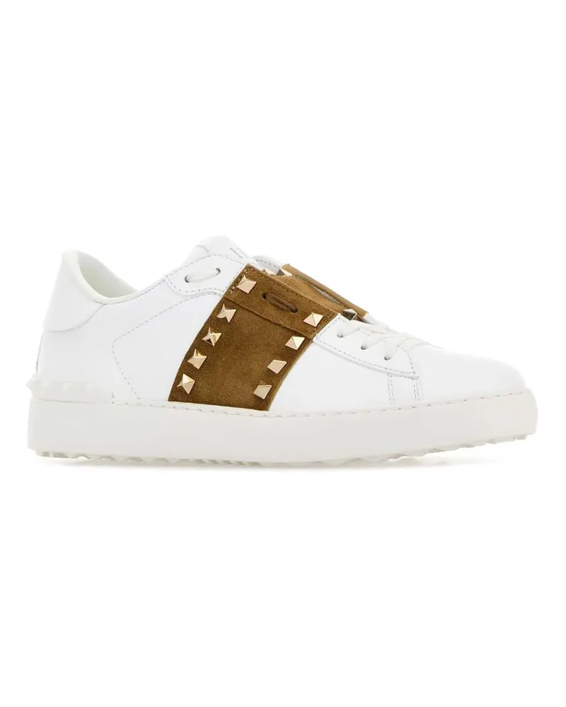 Valentino Garavani Women's White Leather Rockstud Untitled Sneakers With Camel Band Biancohavanabeigebianco White