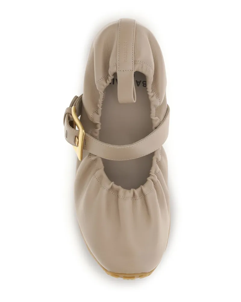 Balmain Women's Ballerina Flats Buckle Strap Calf Leather Beige Shoes Beige