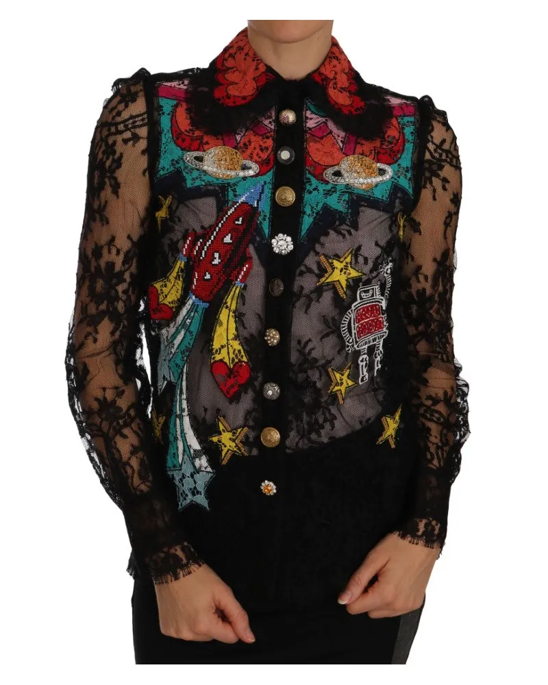 Dolce & Gabbana Women's Black Lace Crystal Space Shirt Cotton Black