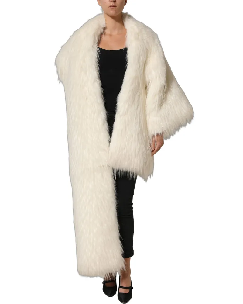 Dolce & Gabbana Women White Faux Fur Long Sleeves Coat Jacket Acrylic Modacrylic Polyester Clothing White