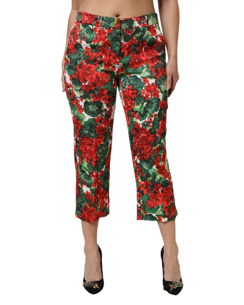 Dolce & Gabbana Women's Multicolor Floral Print Cropped Pants Cotton Viscose Elastane Red