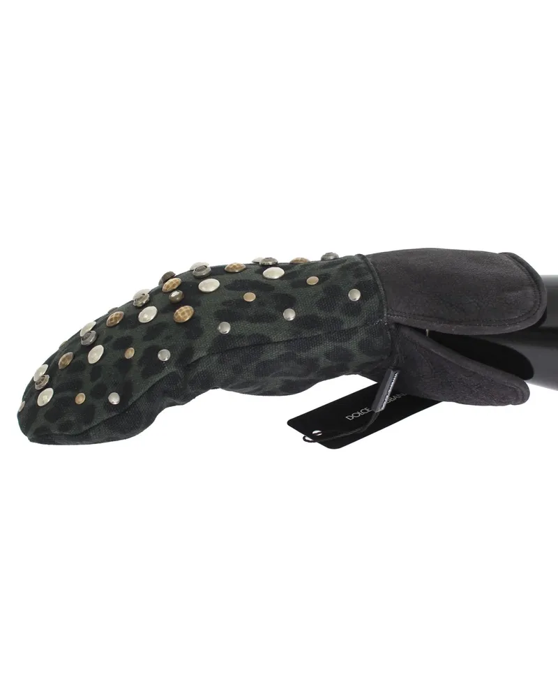 Dolce & Gabbana Men's Gray Wool Shearling Studded Green Leopard Gloves Merino Gray