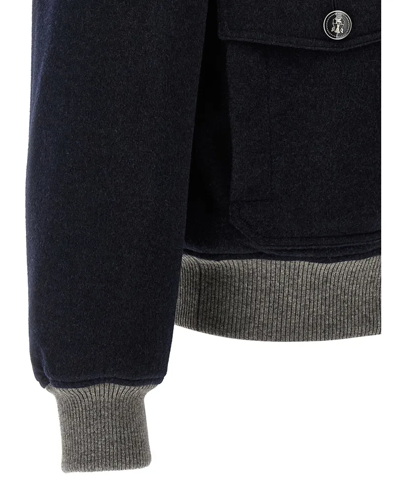 Brunello Cucinelli Cashmere Bomber with Shearling Collar Jacket — Navy Navy