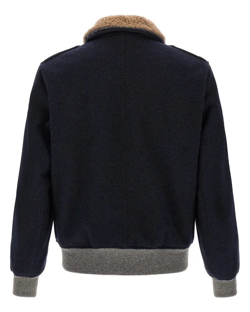 Brunello Cucinelli Cashmere Bomber with Shearling Collar Jacket — Navy Navy