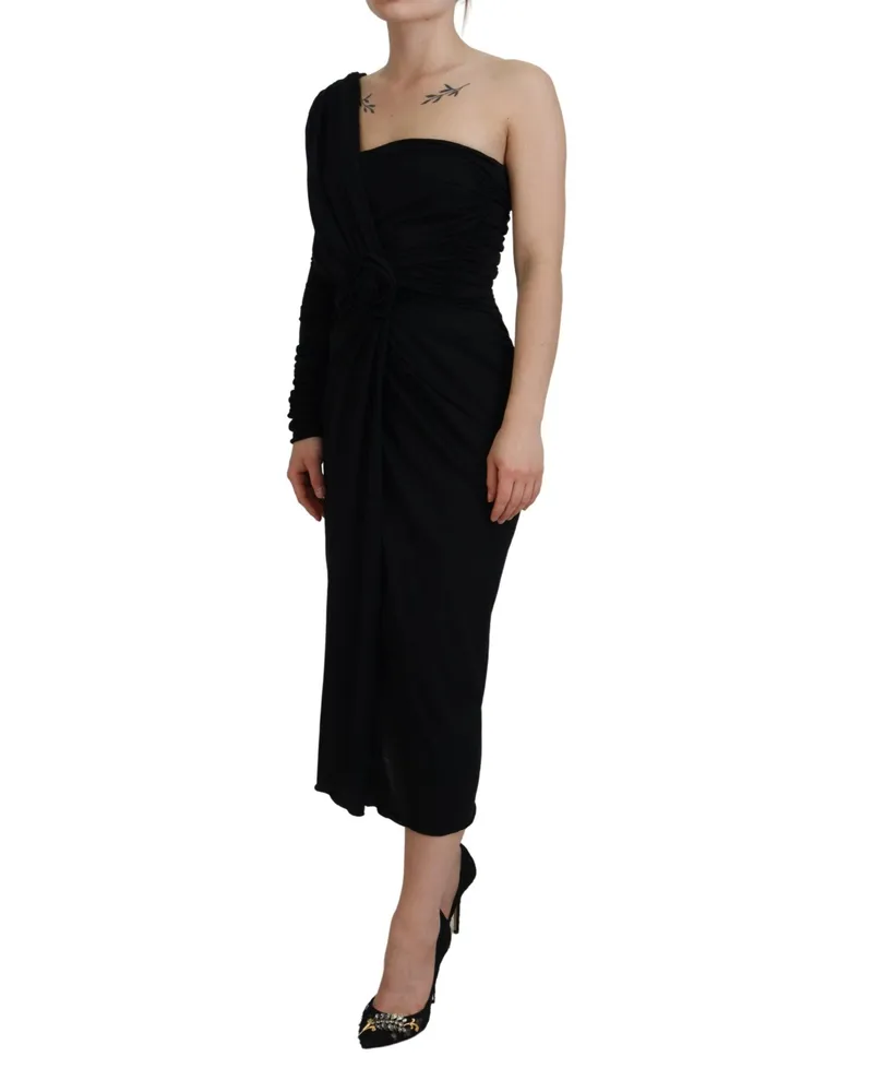 Dolce & Gabbana Women Black Wrap Sheath One Shoulder Wool Dress Black