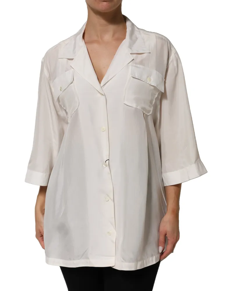 Dolce & Gabbana Women's White Silk Collared 3-4 Sleeves Blouse Top White
