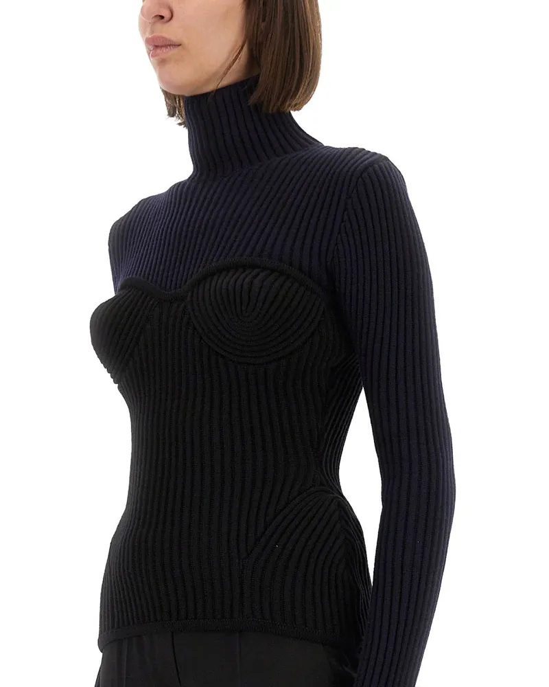 Jean Paul Gaultier Corset-Detailed Merino Wool Sweater — Blue Blue