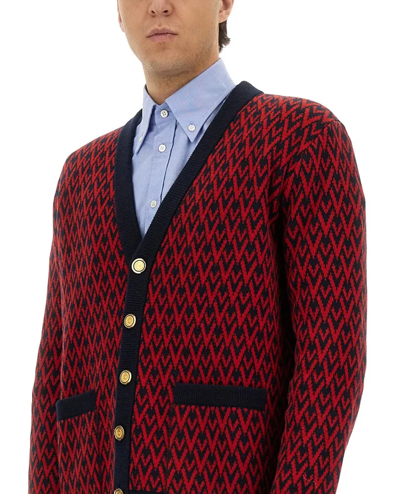 Valentino Garavani Toute La V Pattern Virgin Wool Cardigan — Red Red