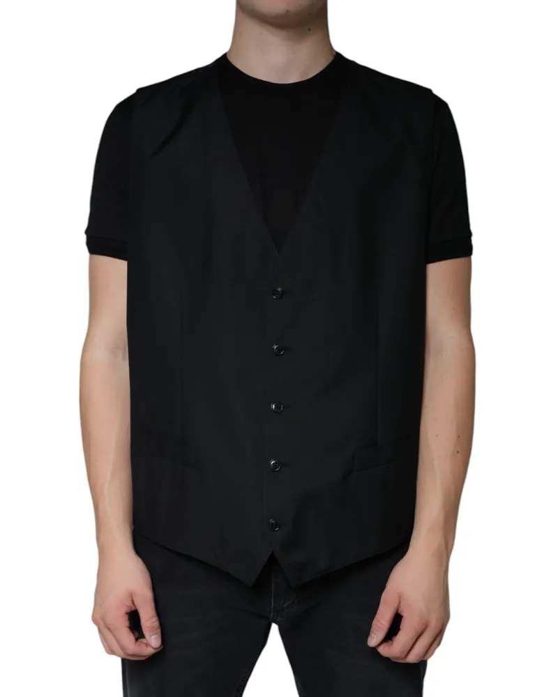 Dolce & Gabbana Men's Black Wool Waistcoat Dress Formal Vest Virgin Silk Black