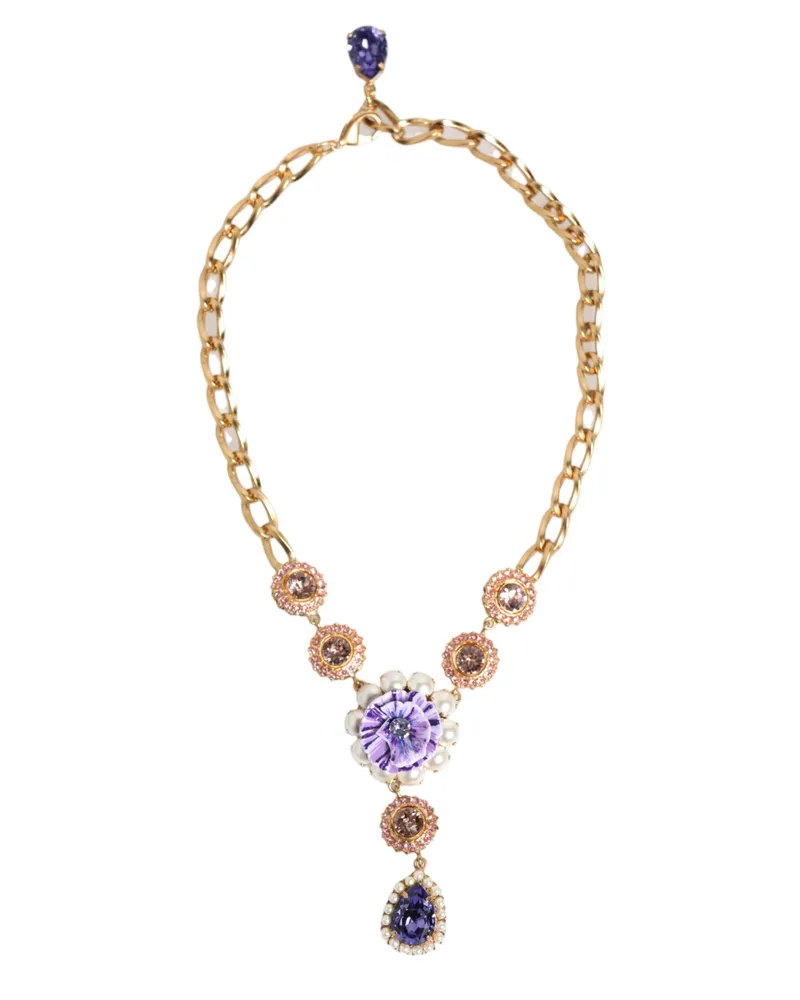 Dolce & Gabbana Women's Gold Brass Crystal Pearl Purple Floral Pendant Jewelry Necklace Gold