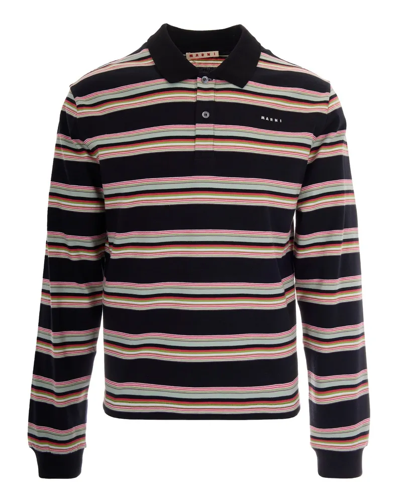 Marni Striped Cotton Knit Polo Shirt — Black Black