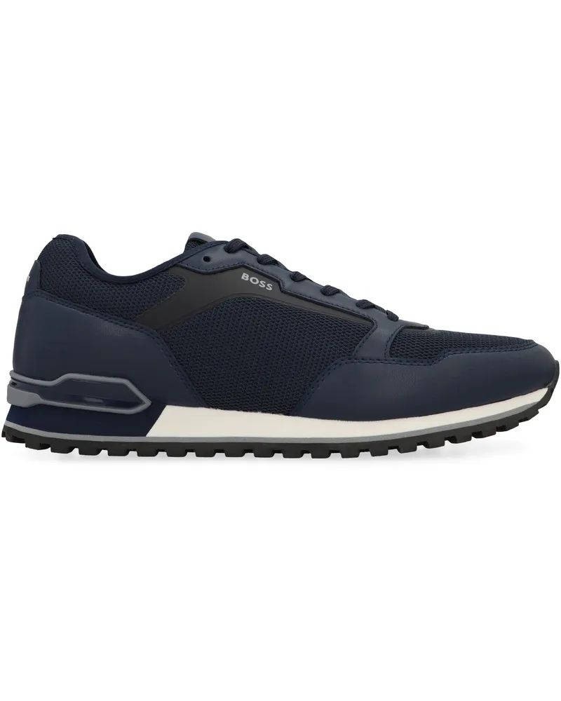 HUGO BOSS Men's Low-Top Sneakers With Mesh Inserts Blue Cow Hide Trainers Navy