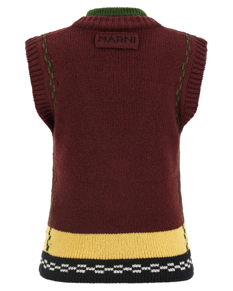 Marni Intarsia Geometric Knit Vest — Burgundy Burgundy