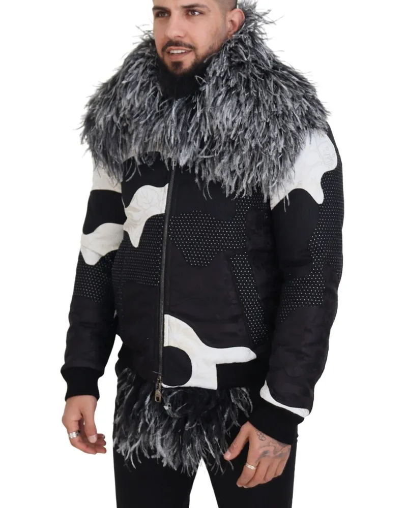 Dolce & Gabbana Men's Black White Fur Shearling Full Zip Jacket And Silk Clothing Black