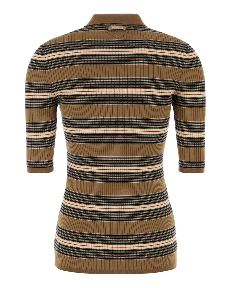 Prada Women's Embroidered Stretch Cotton Blend Polo Shirt Cammello Beige