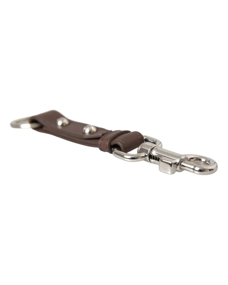 Dolce & Gabbana Women's Brown Plain Leather Silver Brass Keyring Holder Keychain Accessory Brown