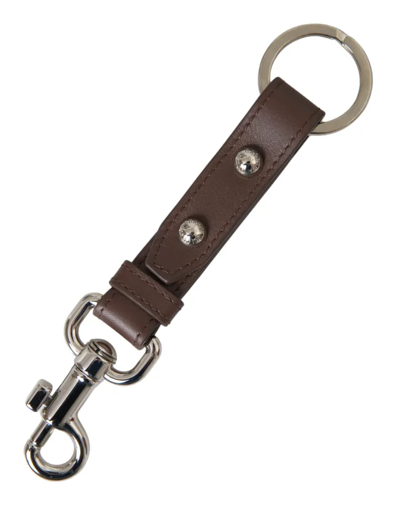 Dolce & Gabbana Women's Brown Plain Leather Silver Brass Keyring Holder Keychain Accessory Brown
