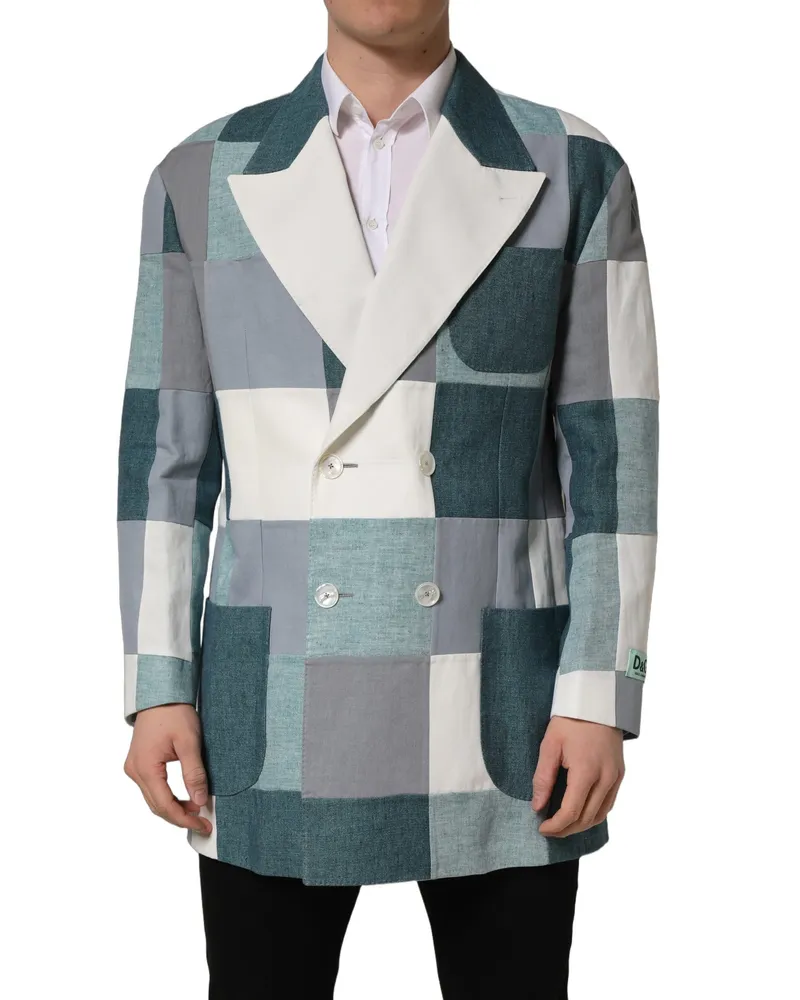 Dolce & Gabbana Men's Multicolor Patchwork Linen Double Breasted Jacket Flax Cotton Clothing Multicolor