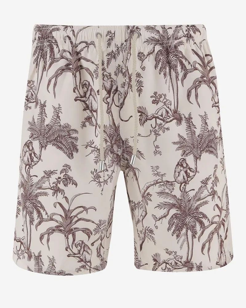 MC2 Saint Barth Men's Nylon Swim Shorts Tropical Print Beige Polyester Beachwear Sea Clothing Beige