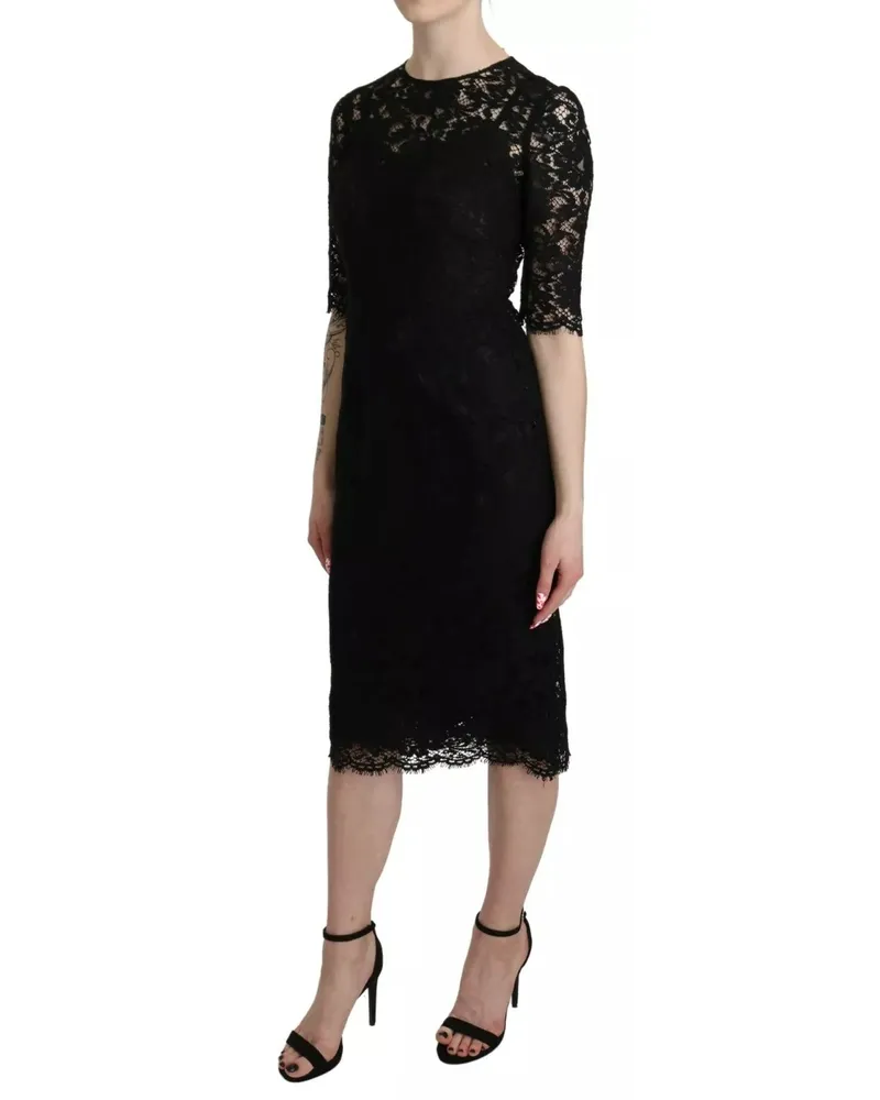 Dolce & Gabbana Women Black Floral Lace Sheath Knee Length Dress Black