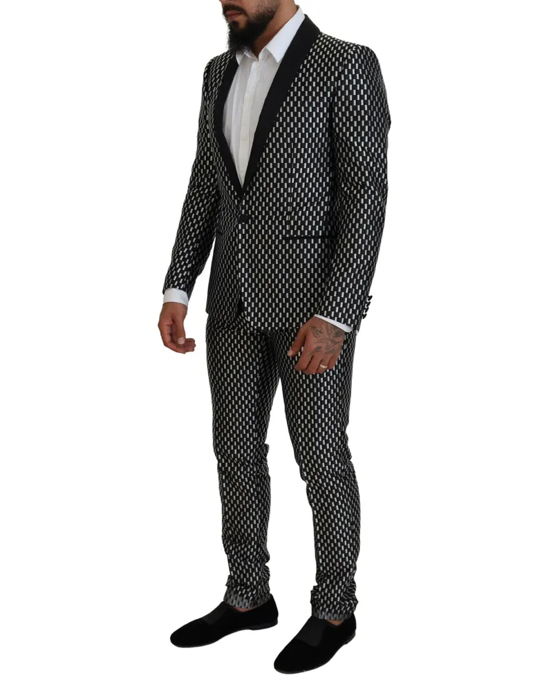 Dolce & Gabbana Men's Black White Silk Martini Slim Fit Suit Black