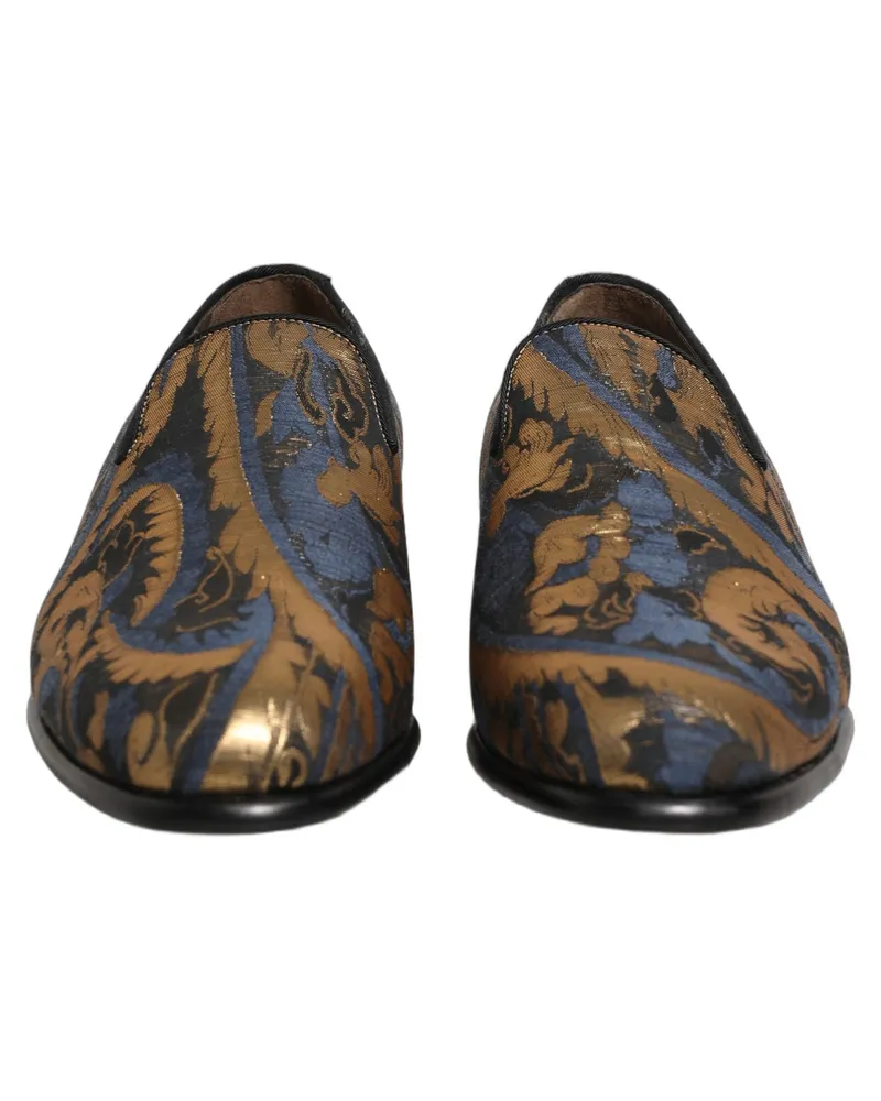 Dolce & Gabbana Blue Brocade Slip On Men Dress Loafers Shoes Leather Blue