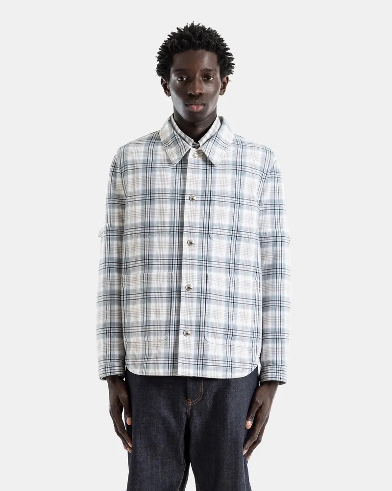 Thom Browne Men's Jacket-Shirt Cotton Windowpane Plaid Sky Blue Grey Armband Sleeve Blue