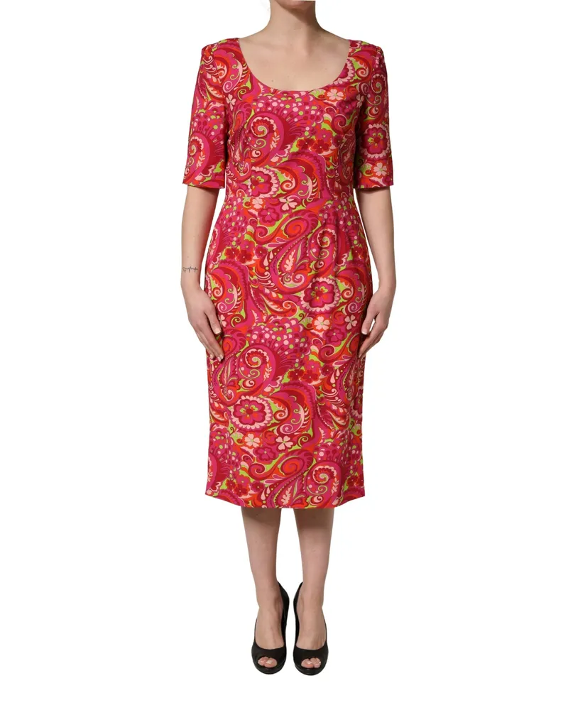 Dolce & Gabbana Women's Red Paisley Floral Print Sheath Midi Dress Silk Elastane Red
