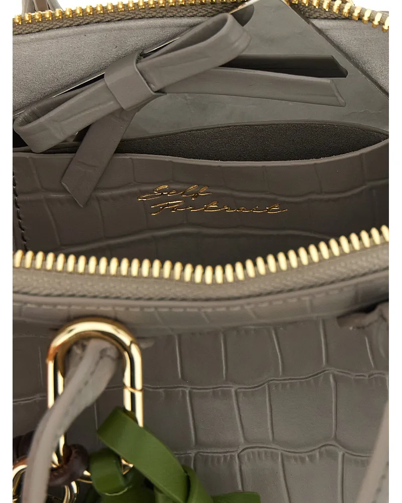 Self-Portrait Croc-Embossed Leather with Charms Top Handle Bag — Gray Gray