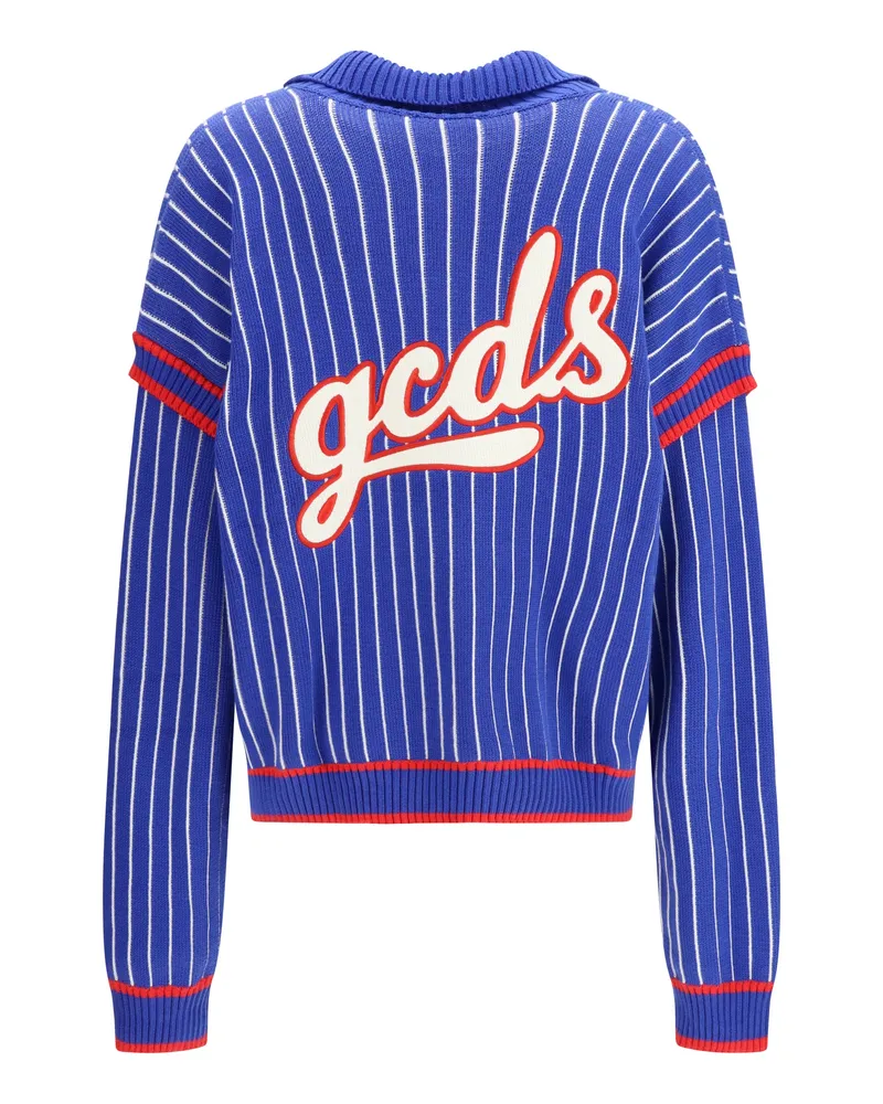 GCDS Men's Cardigan Pinstripe Royal Blue-Red Cotton Blue/red Sweater Blue