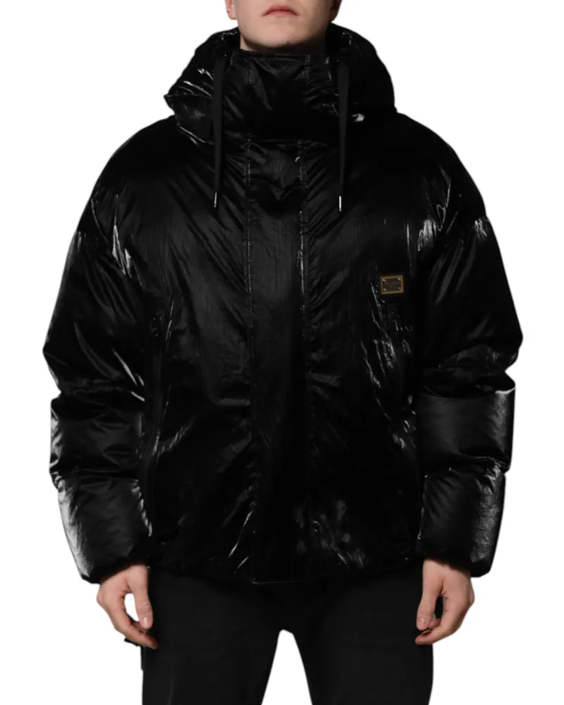 Dolce & Gabbana Men's Black Logo Full Zip Hooded Quilted Jacket Nylon Clothing Black