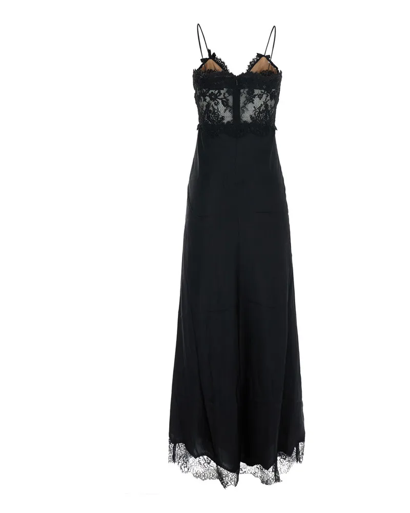 Self-Portrait Lace-Trimmed Satin Dress — Black Black