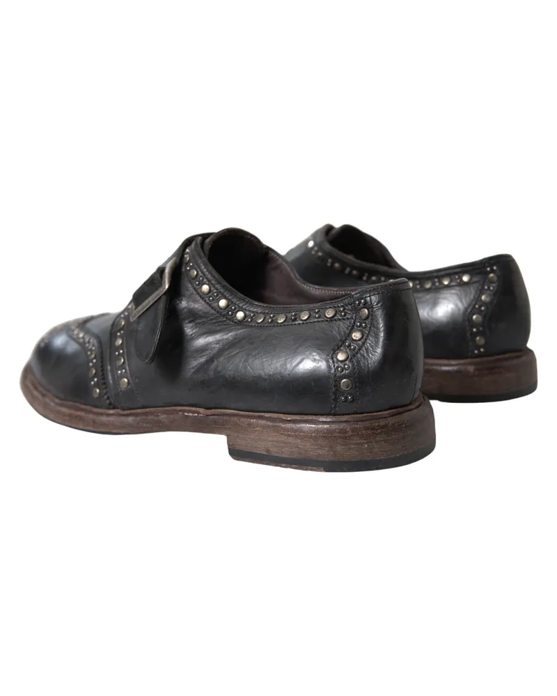 Dolce & Gabbana Men's Black Leather Monk Strap Studded Dress Shoes Calfskin Black