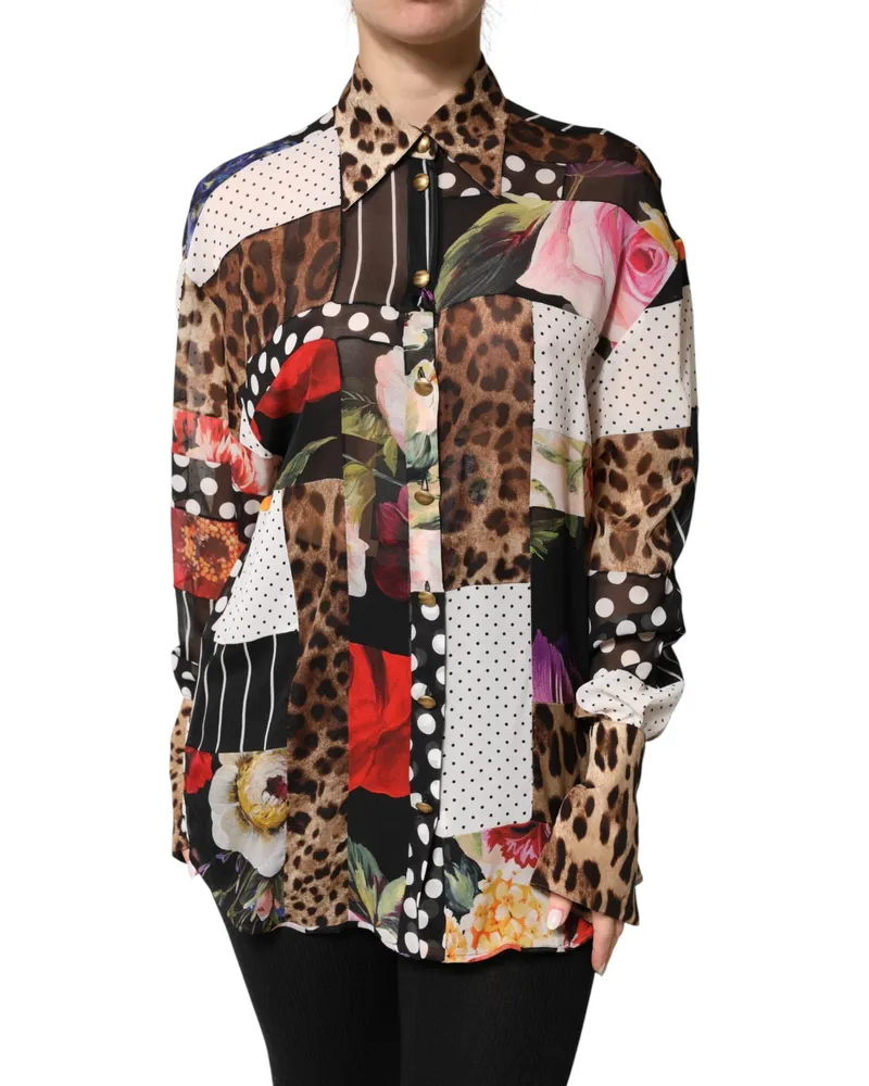 Dolce & Gabbana Women's Multicolor Patchwork Silk Collaredblouse Top 05+se Multicolor