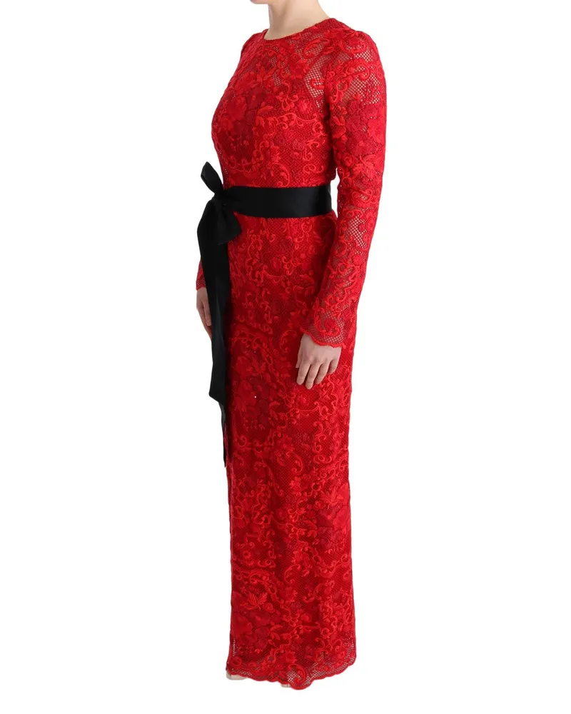 Dolce & Gabbana Women Red Floral Ricamo Sheath Long Dress Cotton Red