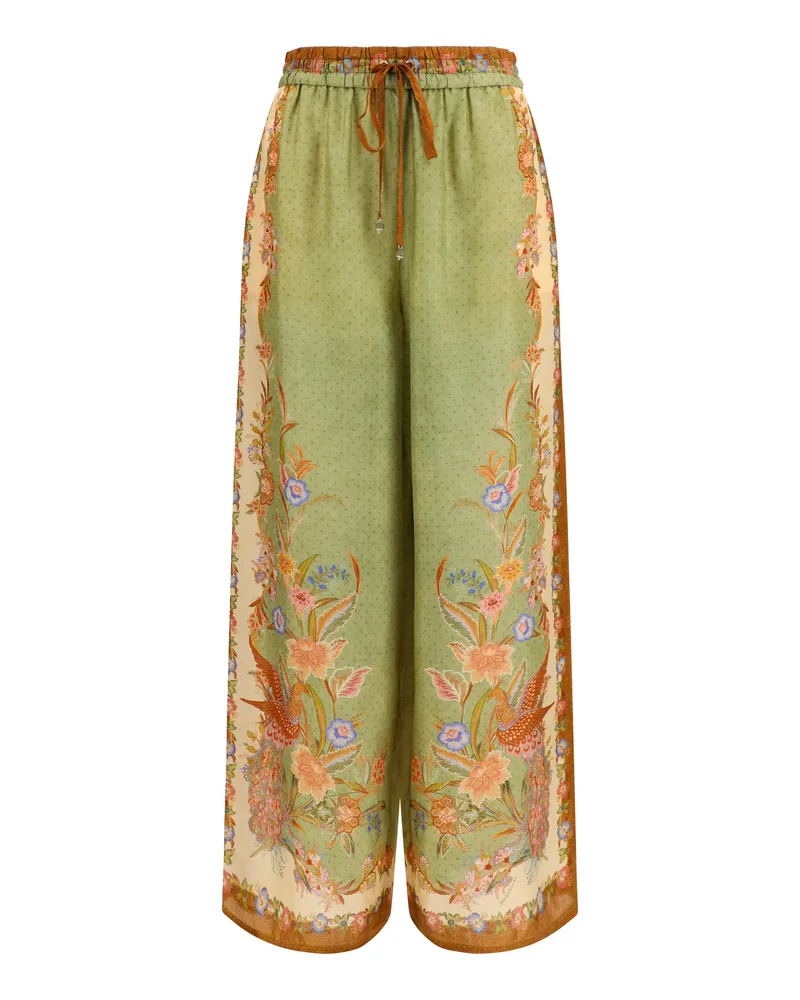 Zimmermann Women's Relaxed Silk Pants Indra Khaki Scarf Floral Trousers Khaki